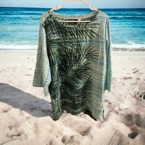 Bob Mackie Wearable Art Green/Blue Palm Leaf Print 3/4 Sleeve Tunic Top SIZE 3X
